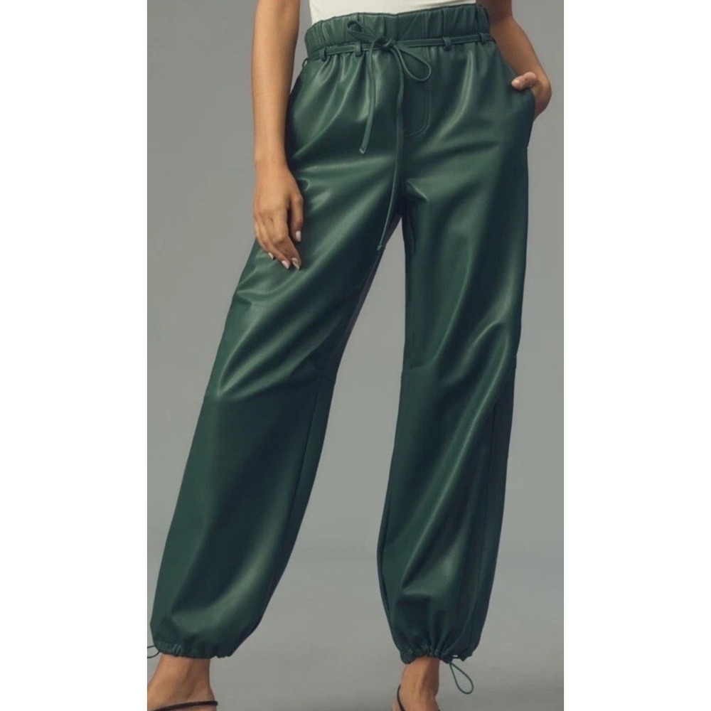 Anthropologie Pilcro Faux Leather Wide Leg Soft Parachute Pants Green M‎ L New